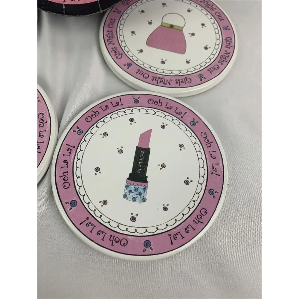 Set of 4 Girls Night Out Ceramic Coasters in Box Pink Black Foam Back 4